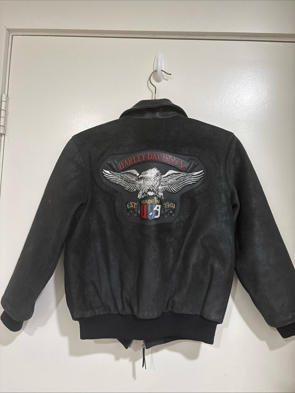 Vintage 90s Harley Davidson Made In USA Black Suede Bomber Jacket Eagle Crest